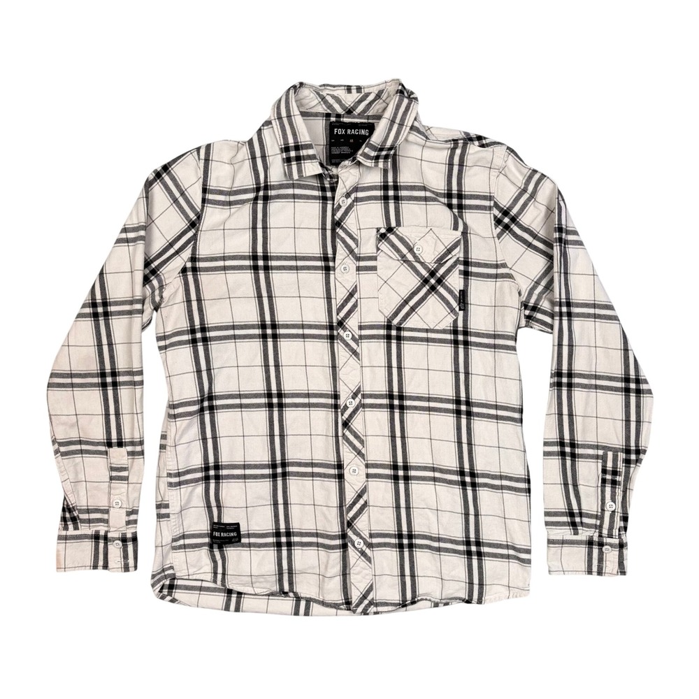 Fox Racing Mens Flannel Shirt Large White Black Plaid Long Sleeve Button Down